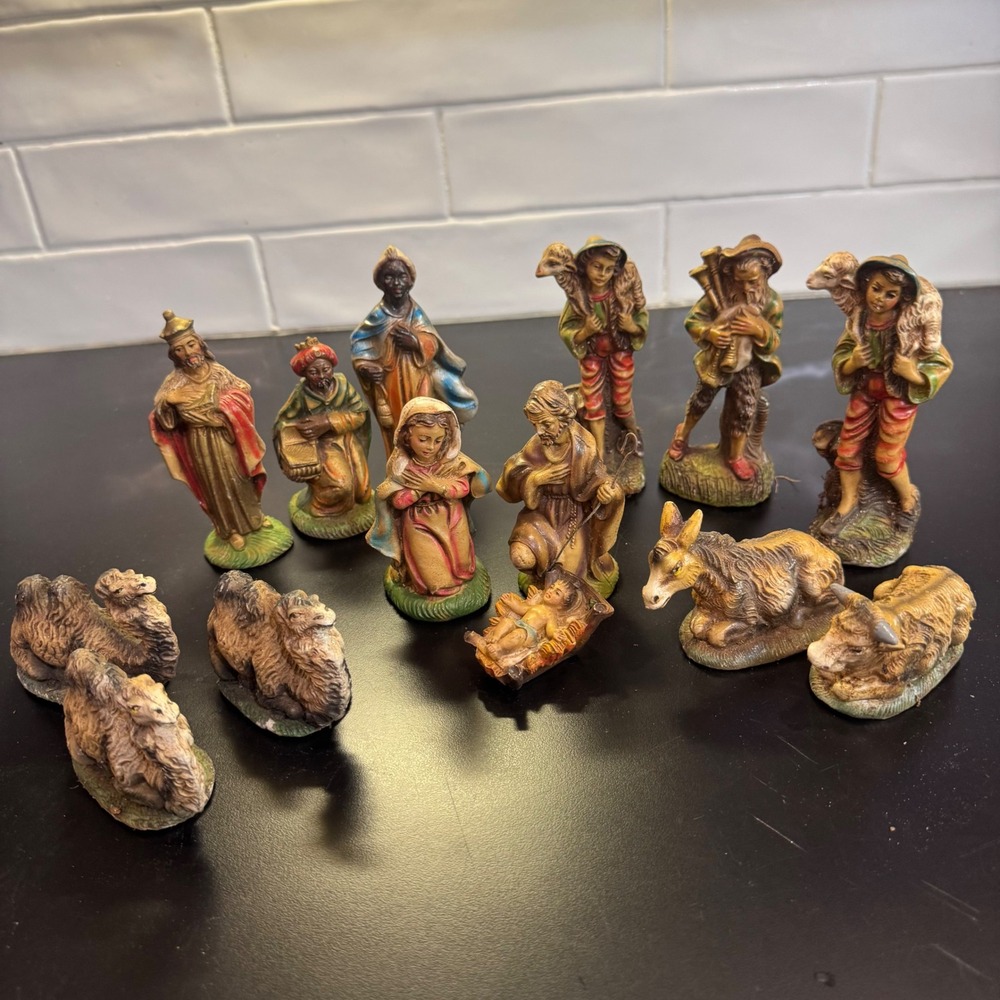 Italy Nativity Set 13pc Vintage Multicolor Hand Painted Italian Creche Figures